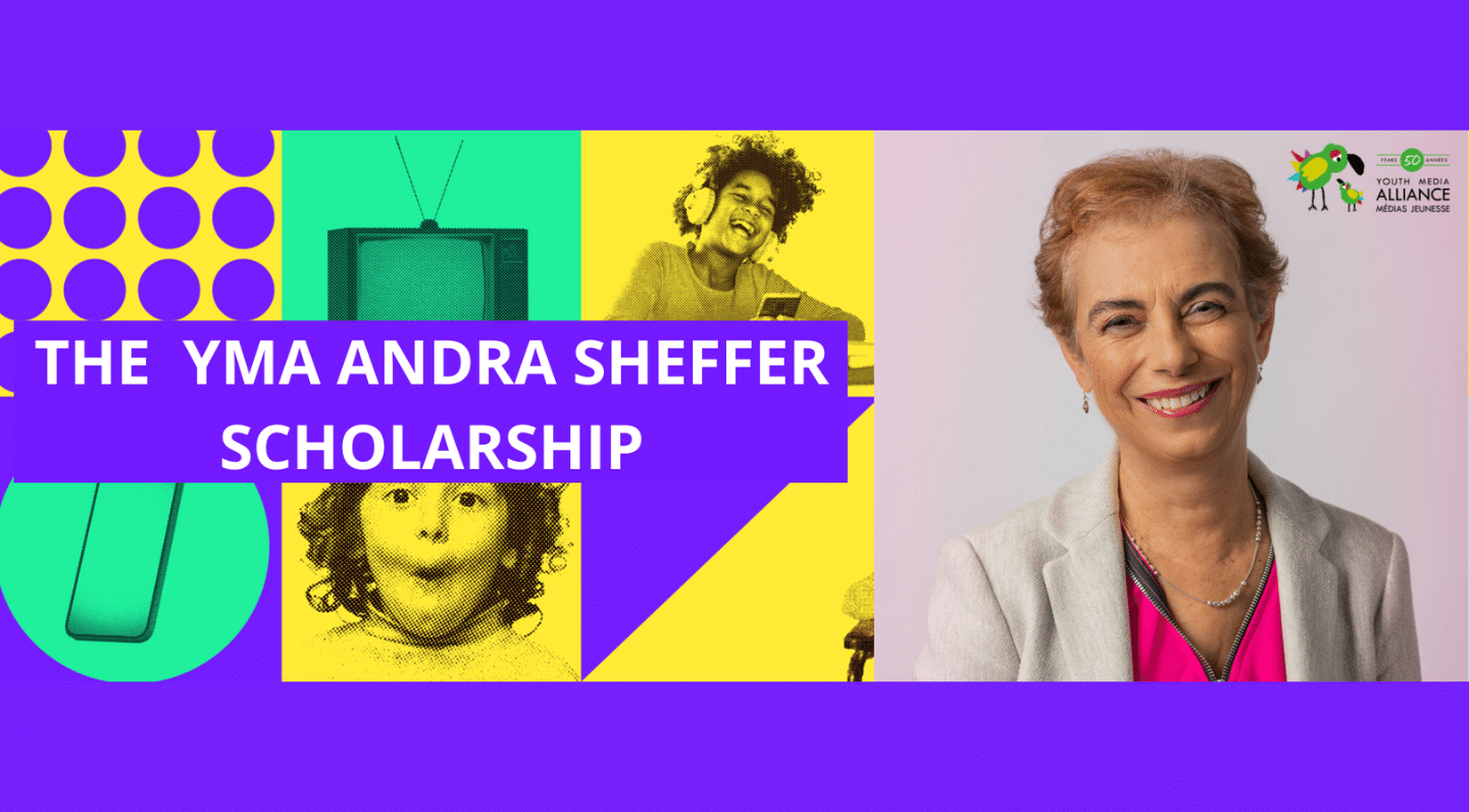 Purple background with various images of objects and people in yellow, green and purple squares on the left side with "THE YMA ANDRA SHEFFER SCHOLARSHIP" in white text and a photo of Andra Sheffer on the right side.