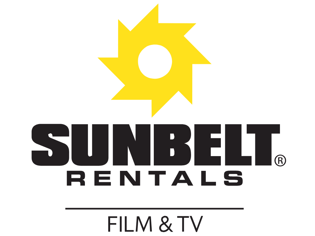 Yellow sunburst above thick black text, "Sunbelt ". Below in black text, "Rentals". Horizontal line then below the line in thin black text, "Film & TV"