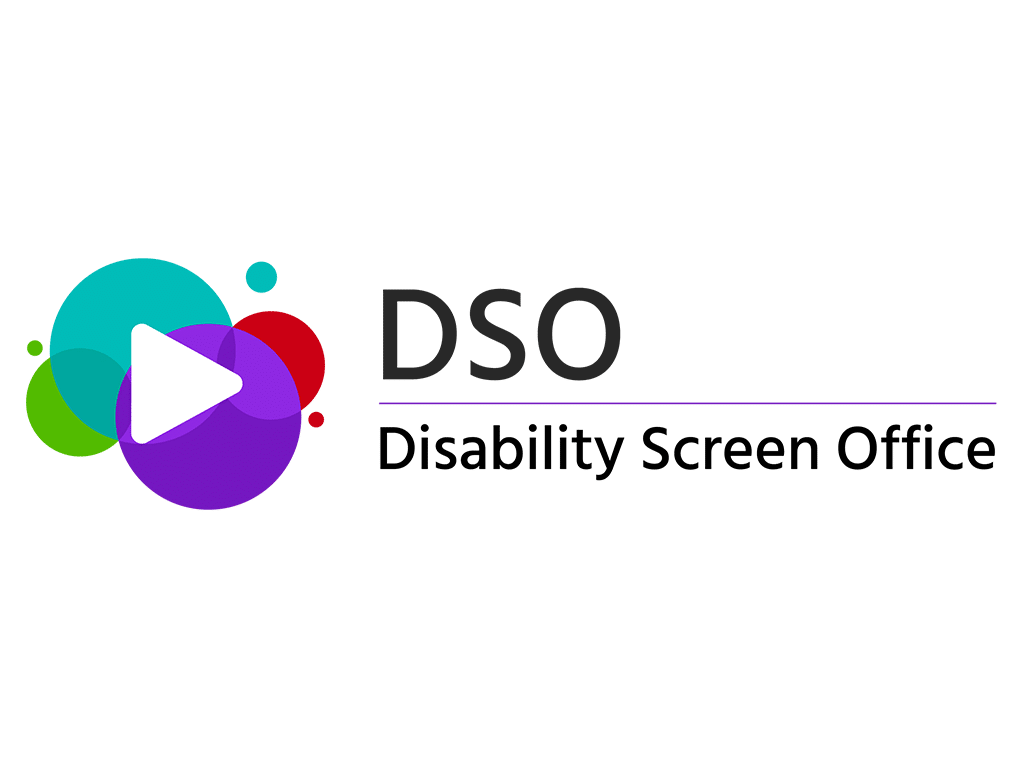 Disability Screen Office logo with black text on the right and coloured circles overlapping each other on the right. Over the coloured circles is a play button icon in white.
