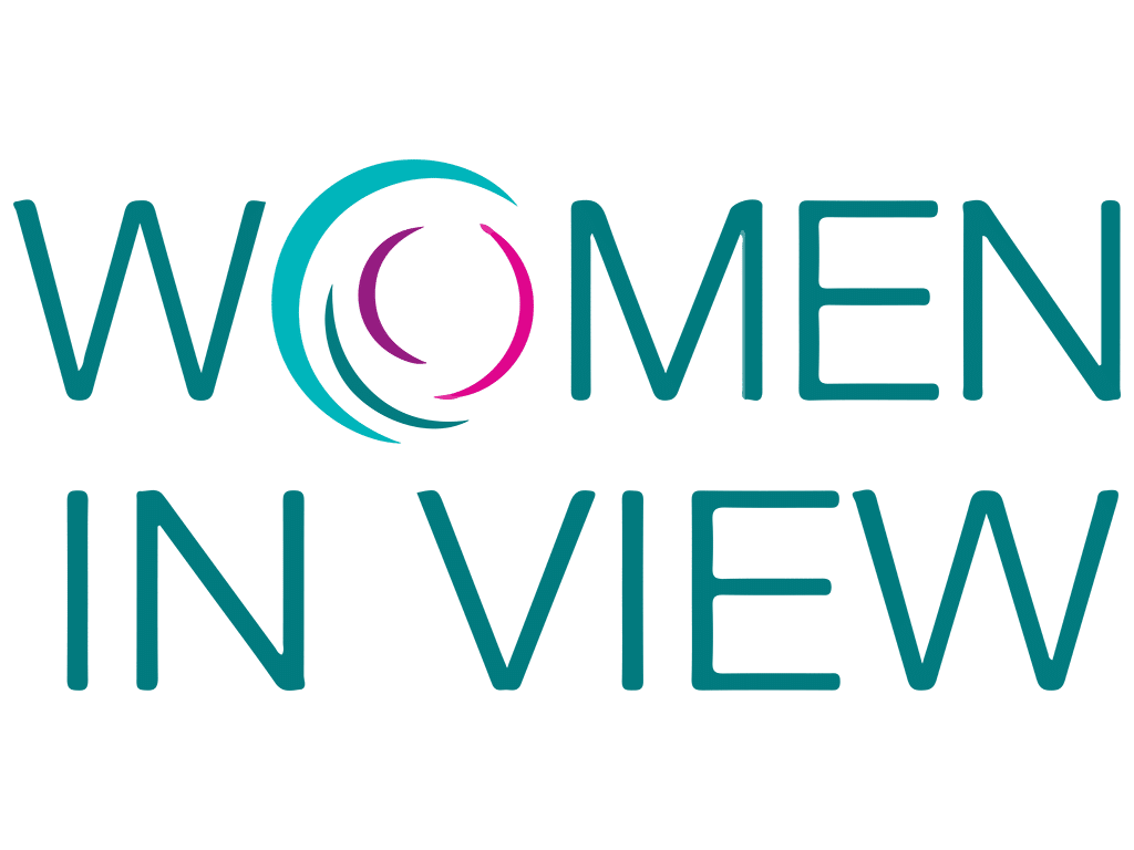 Women in View logo - turquoise text in uppercase with a circular graphic in turquoise and pink in place of the letter O