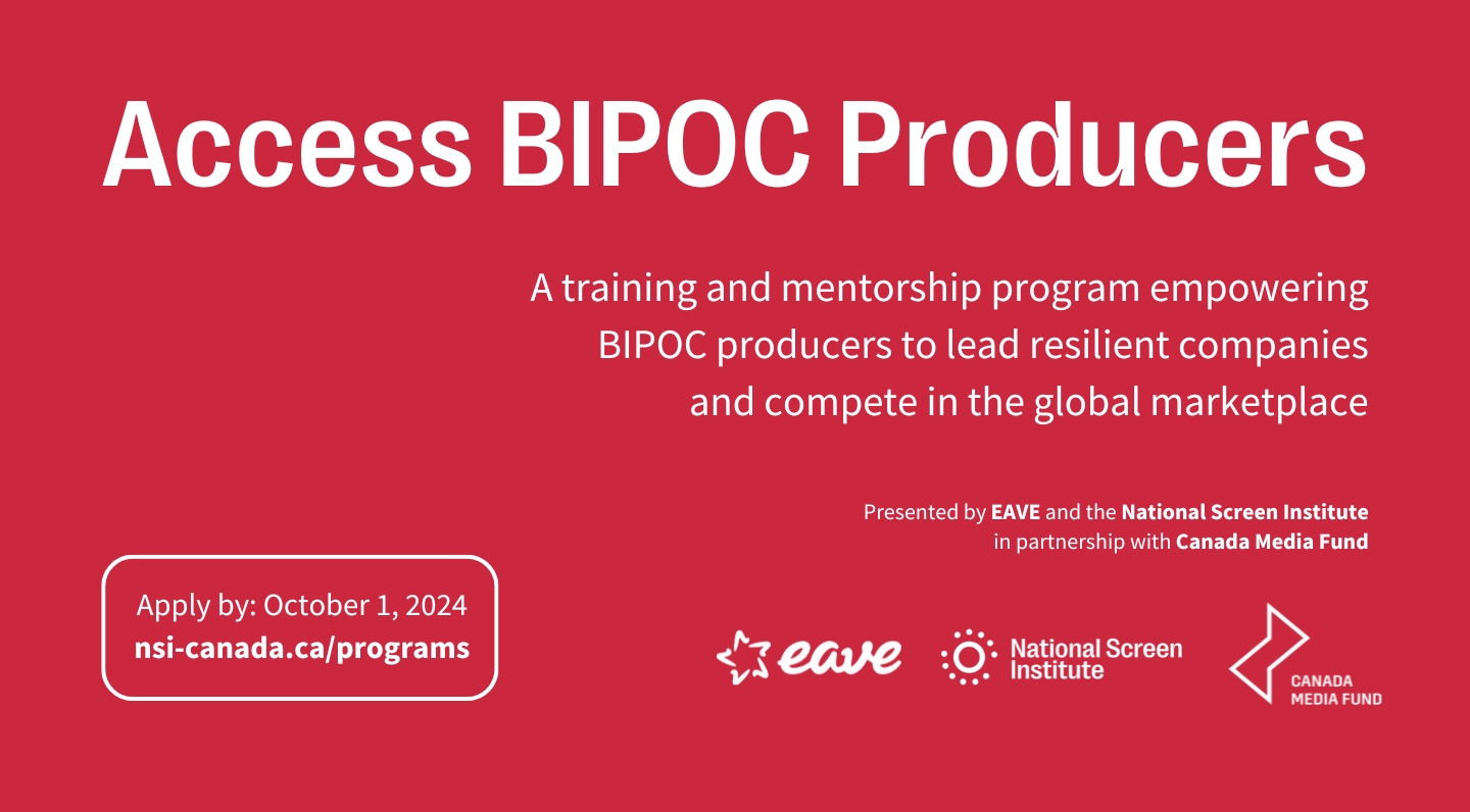 Red background, white text, with program name, logline, sponsors, application deadline and website URL.