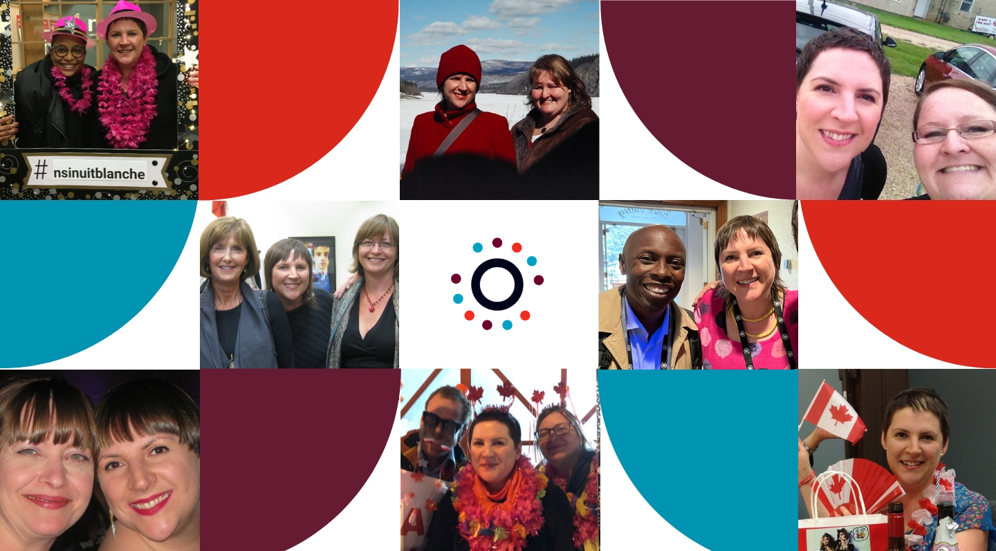 Colourful photo collage featuring photos of Liz Hover with colleagues from the past 20 years.