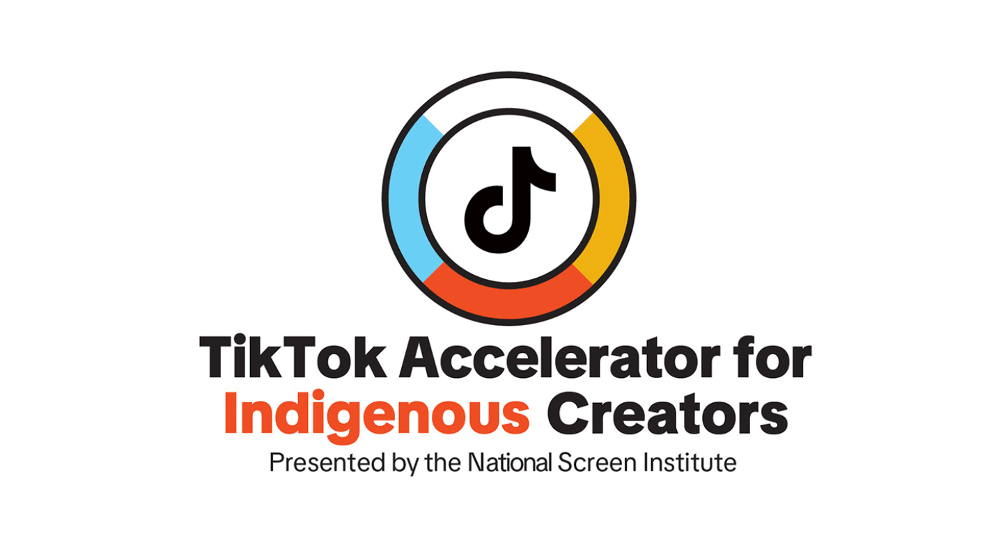 Black TikTok logo surrounded by white, orange, red and blue circle. Underneath text, 'TikTok Accelerated for Indigenous Creators". Smaller font below Presented by the National Screen Institute