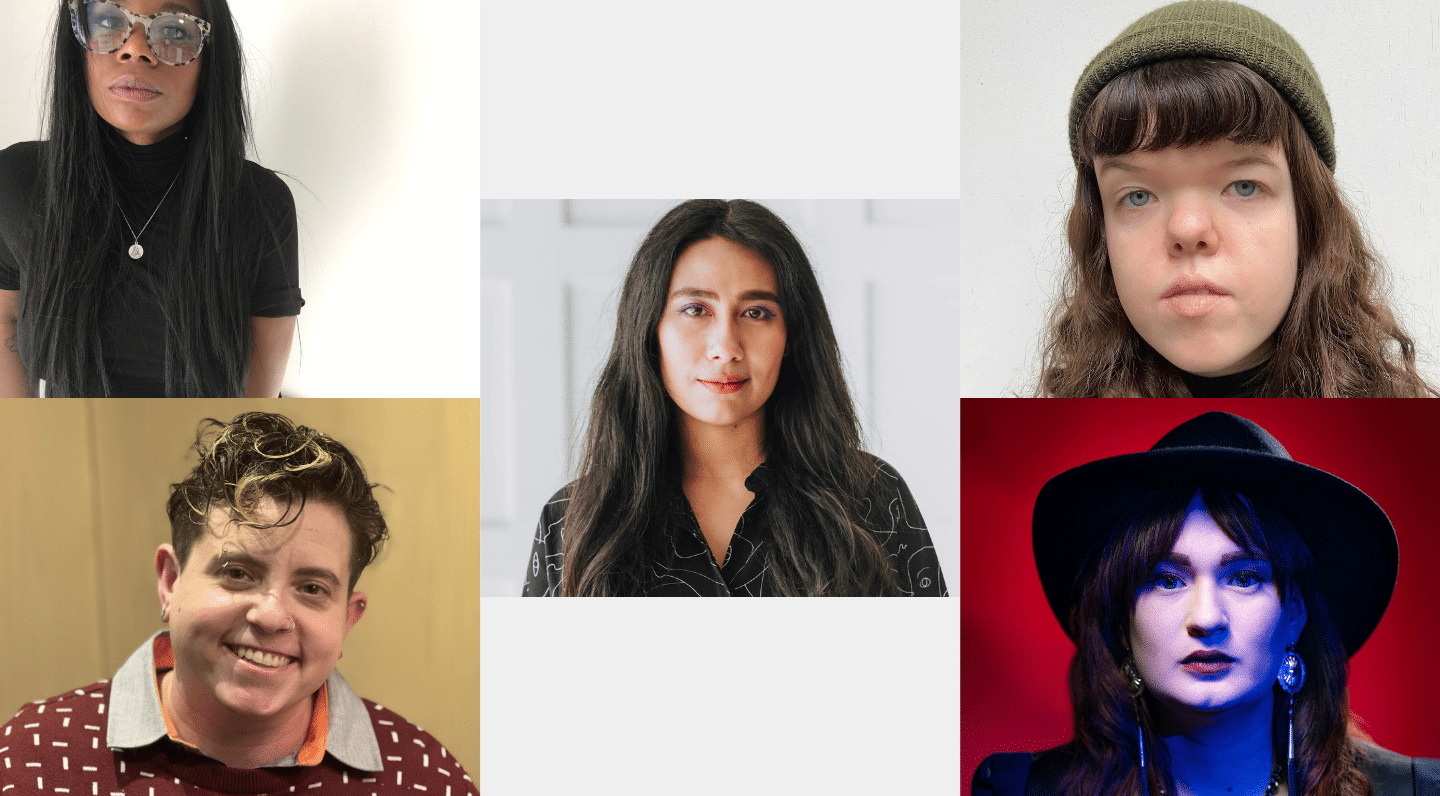 Collage of five participant headshots. Two photos stacked on the left, two photos stacked on the right, one photo in the center bordered by light grey bars on the top and bottom.