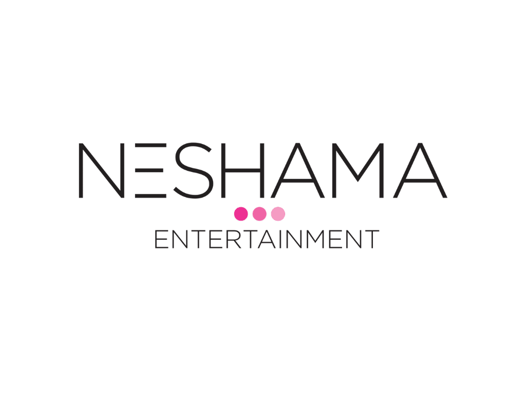 Black NESHAMA in large capital letters over three pink dots which are above ENTERTAINMENT in smaller, capital letters