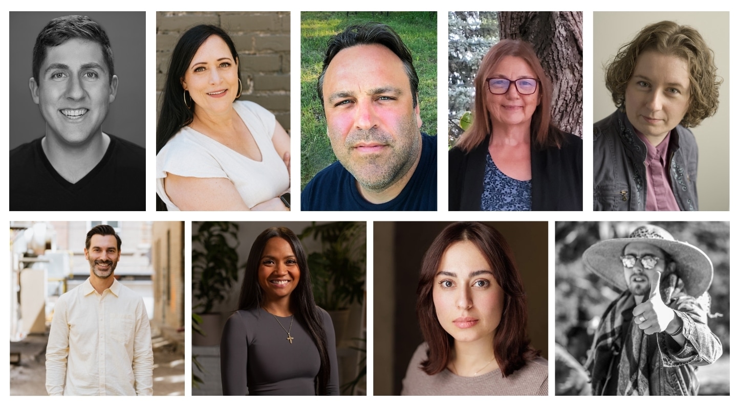 A collage featuring headshots of eight individuals, presented in two rows. Top row, from left to right: A man with short hair, smiling warmly in a black-and-white headshot. A woman with long dark hair, wearing a white top with ruffled sleeves, smiling against a brick wall background. A man with short dark hair and a slight smile, standing outdoors with greenery in the background. A woman with shoulder-length light brown hair, wearing glasses and a patterned top, standing in front of a tree. A woman with short curly hair, wearing a dark jacket over a buttoned shirt, looking directly at the camera. Bottom row, from left to right: 6. A man with dark hair and a trimmed beard, wearing a light-coloured shirt, smiling in an urban outdoor setting. 7. A woman with long dark hair, wearing a grey top and a cross necklace, smiling in an indoor setting with plants in the background. 8. A woman with shoulder-length brown hair, wearing a neutral-toned top, looking directly at the camera with a calm expression. 9. A man in a black-and-white image, wearing a wide-brimmed hat and sunglasses, giving a thumbs-up gesture with a playful expression.