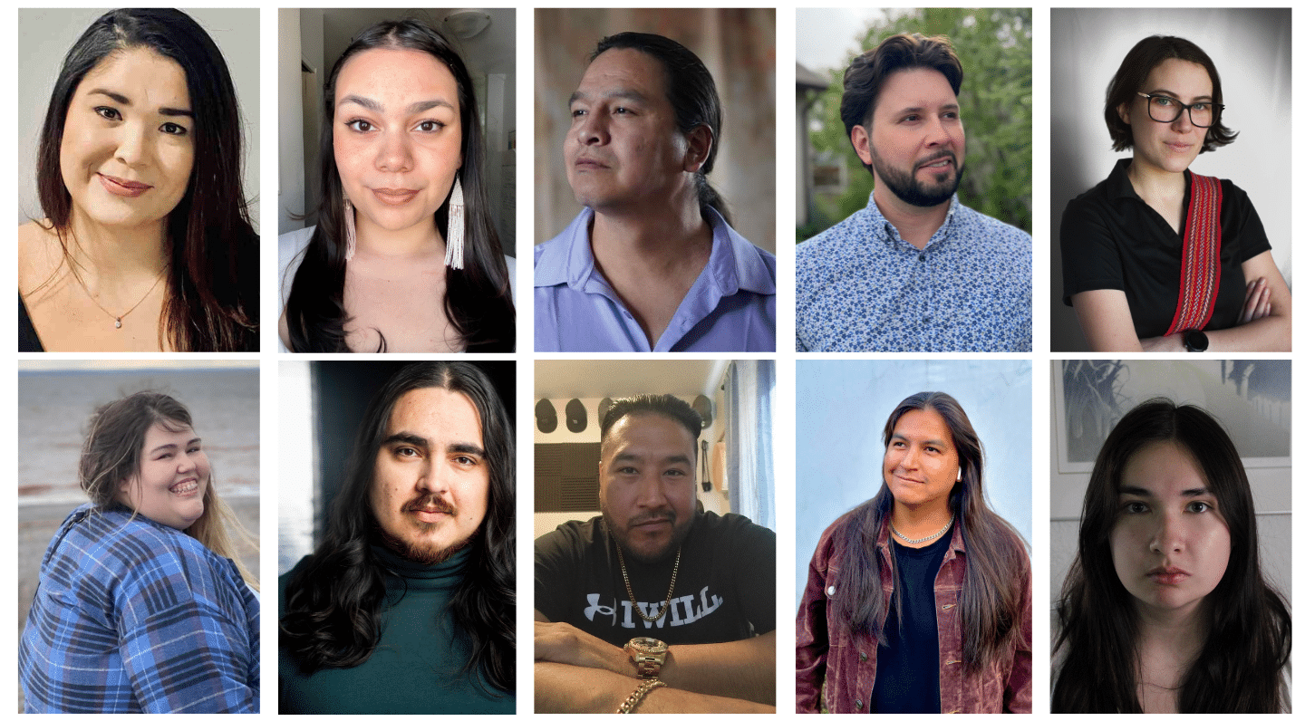 Collage of 10 headshots featuring the participants of CBC New Indigenous Voices 2025. Both rows include five individuals, all posed in various indoor and outdoor settings. Each person is facing the camera or looking slightly off to the side.