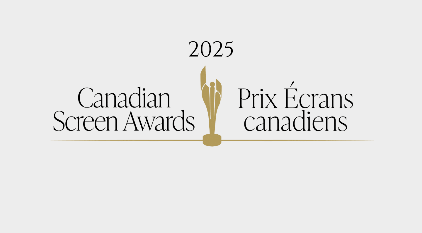 Logo for the 2025 Canadian Screen Awards. The text reads 'Canadian Screen Awards' on the left and 'Prix Écrans canadiens' on the right, with a gold statuette of the award in the center and a horizontal gold line beneath.