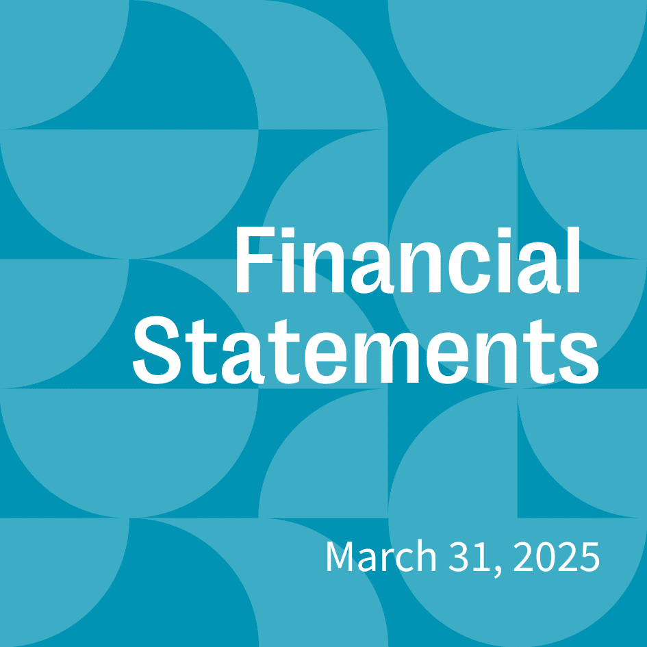 Square graphic with a geometric teal background featuring semi-circles. Bold white text in the center reads 'Financial Statements' and smaller text below reads 'March 31, 2025'.