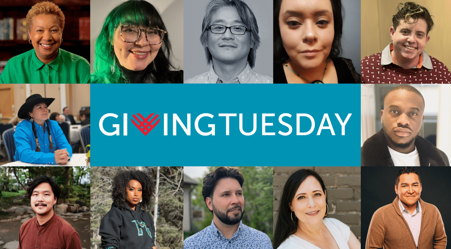 A collage of twelve diverse storytellers featuring people of different ages, genders and backgrounds. At the center of the collage is a teal banner with the Giving Tuesday logo — the word “GIVINGTUESDAY” with a red heart made of intersecting lines replacing the “V.”