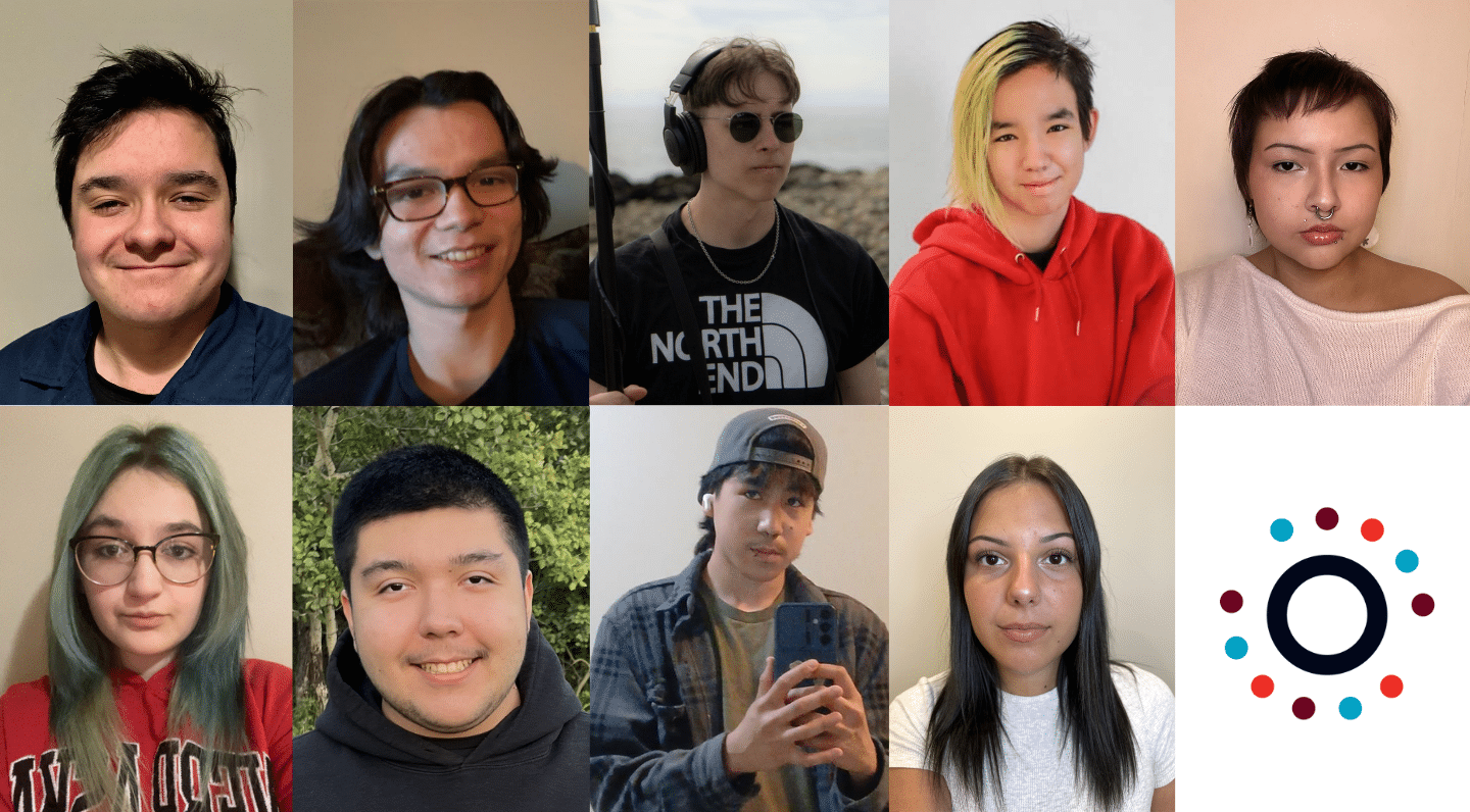 A collage of nine headshots, each showing a person against simple indoor or outdoor backgrounds. They wear a mix of casual clothing including hoodies, T-shirts, sweaters, and collared shirts, with various hairstyles, glasses, headphones, or piercings. The images are arranged in two rows of five with the National Screen Institute logo in place of a headshot in the bottom right corner.