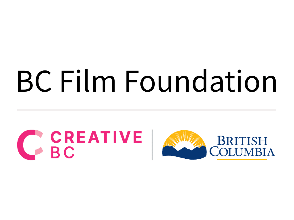 BC Film Foundation logo in black text Creative BC logo in pink text and icon British Columbia government logo with mountain and sun graphic